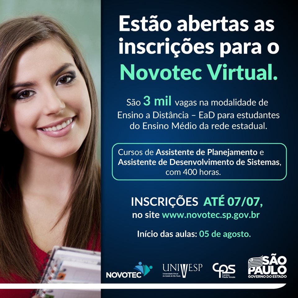 Inscrições para cursos profissionalizantes do Novotec Virtual estão abertas